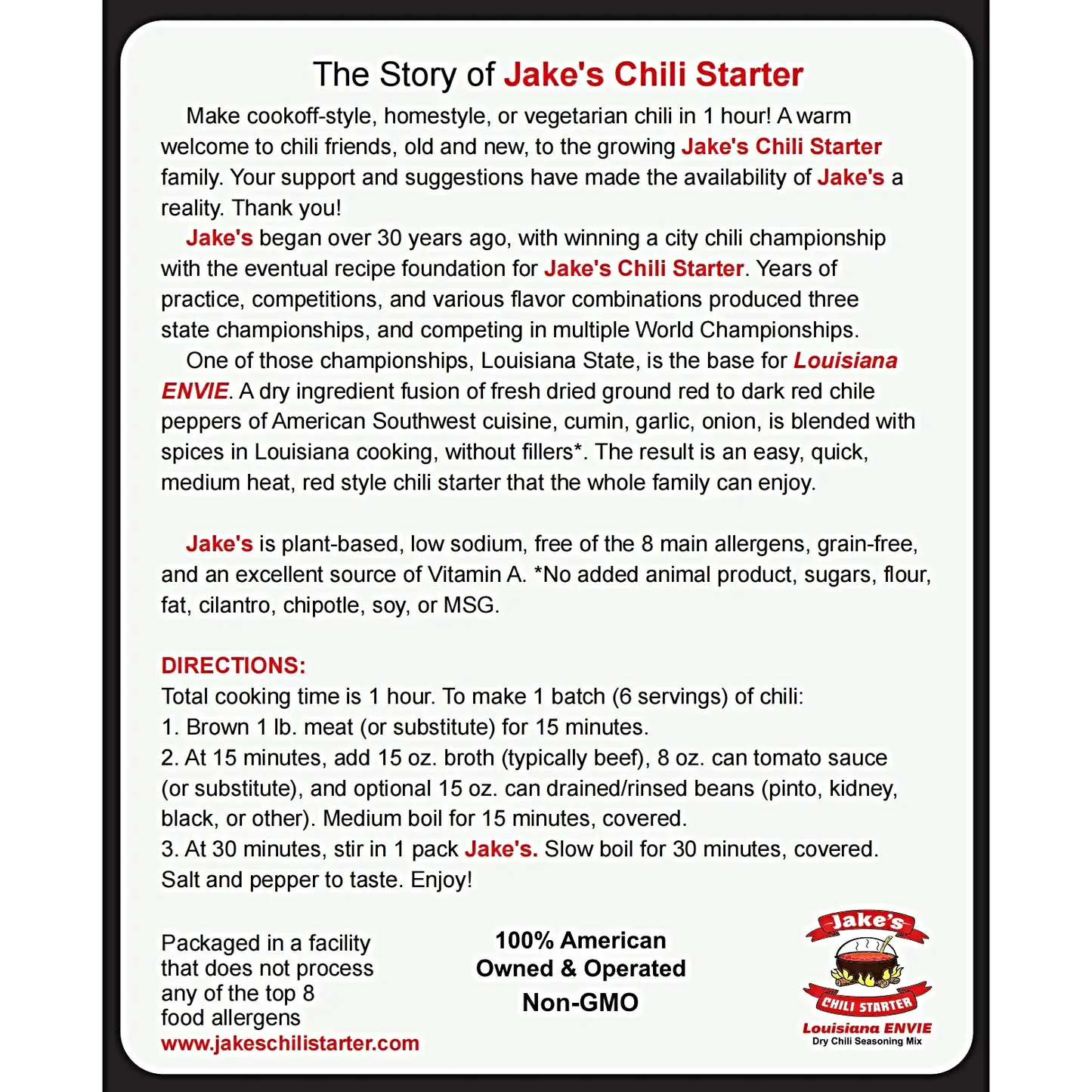 Louisiana ENVIE, Dry Chili Seasoning Mix, 1.6 oz Packet (2 Count, 1 pc) (out of stock) Jake's Chili Starter